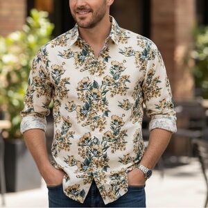 Murano‎ Slim Fit Foral Corduroy Button Down Men’s Size Small Earth Tones